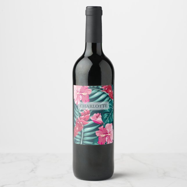 Exotische Sommer-Floral-Monogramm Weinetikett (Vorderseite)