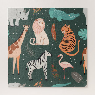 Exotische Tiere: dunkles tropisches Kindermuster. Puzzle