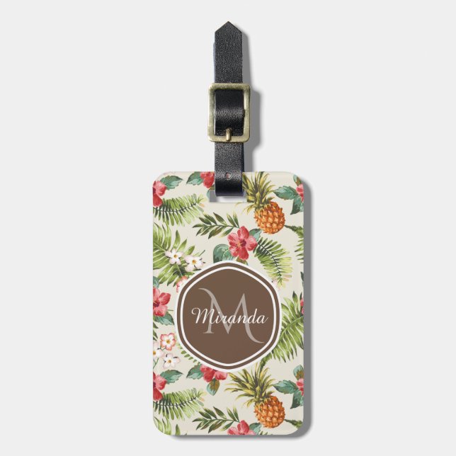 Exotische tropische Ananas-Blumenbrown-Monogramm Gepäckanhänger (Vorderseite vertikal)