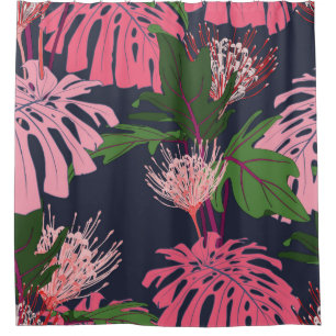 Exotische tropische Blätter in Grün und Rosa und p Duschvorhang