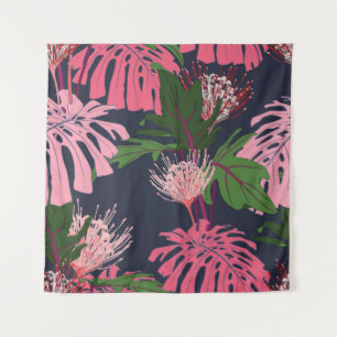 Exotische tropische Blätter in Grün und Rosa und p Wandteppich