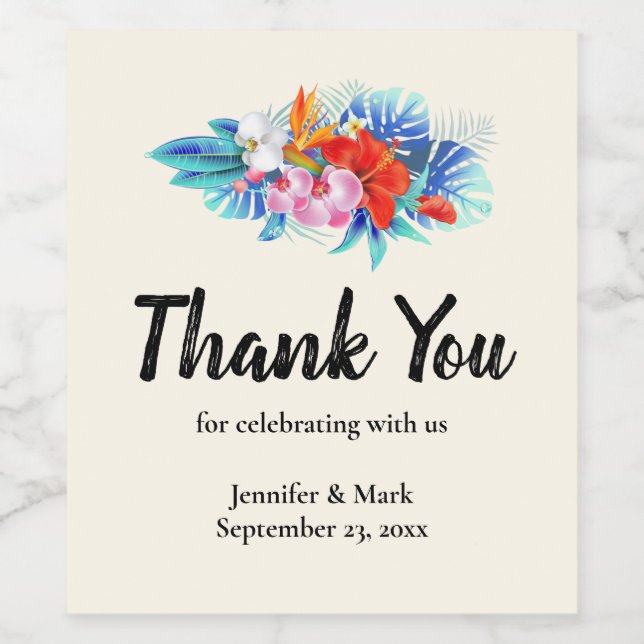 Exotische tropische Blume in Pink und Aqua Wedding Weinetikett (Einzelnes Label)