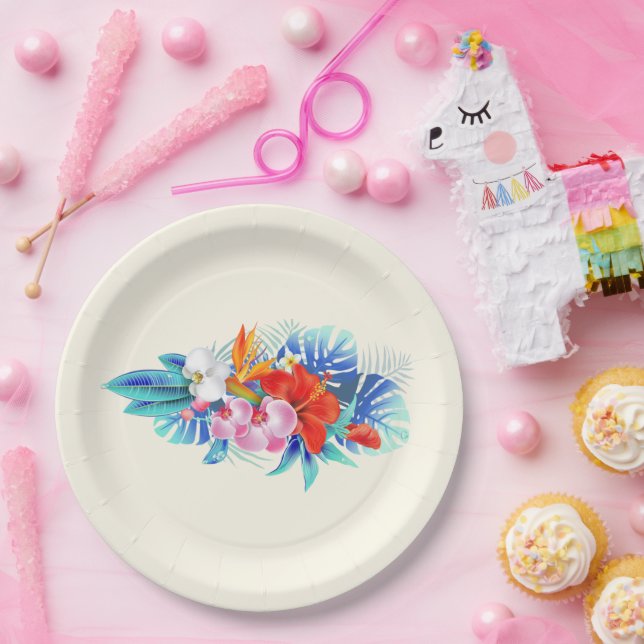 Exotische tropische Blume in Rosa und Türkis Pappteller (Party)