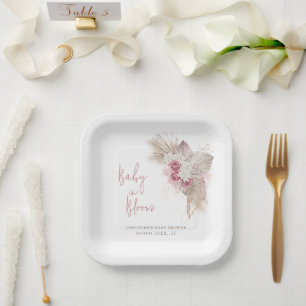 Exotische tropische Boho-Rosa Rosen Baby Shower Pappteller