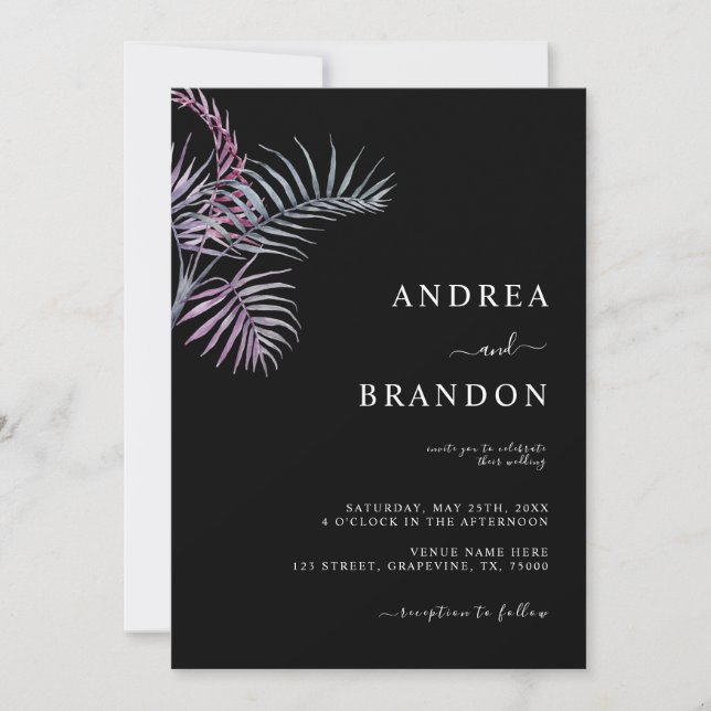 Exotische tropische Palmenblätter auf einer Hochze Einladung (Vorderseite)