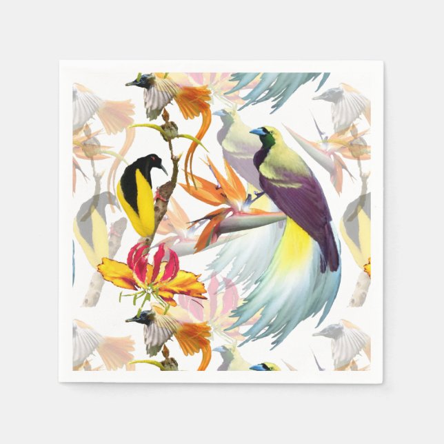 Exotische Vögel des Paradieses und Blume Aquarell Serviette (Vorderseite)