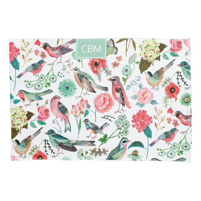 Exotische Vögel Jungle Floral Muster mit Monogramm Kissenbezug (Vorderseite)