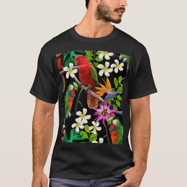 Exotische Vögel Schöne Blume Muster T-Shirt (Vorderseite)