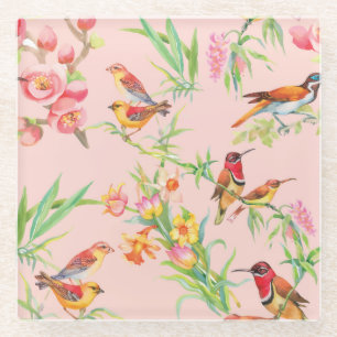 Exotische Vögel: Vintage Blüten nahtlos. Glasuntersetzer