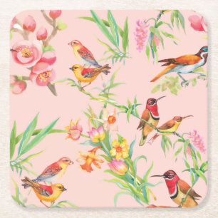 Exotische Vögel: Vintage Blüten nahtlos. Rechteckiger Pappuntersetzer