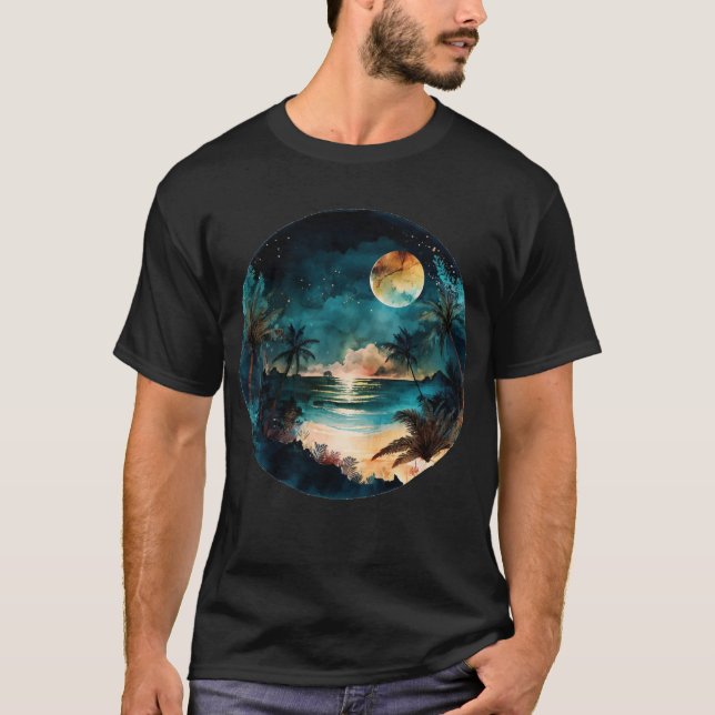 Exotische Wasserfarbenstrand Sonnenuntergang T-Shirt (Vorderseite)