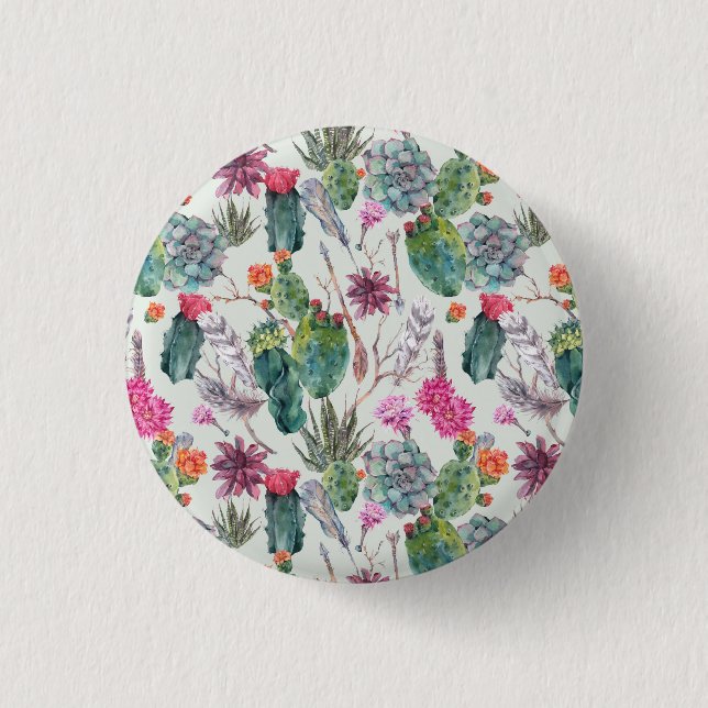 Exotischer Boho Aquarell-Kaktus u. saftiges Muster Button (Vorderseite)