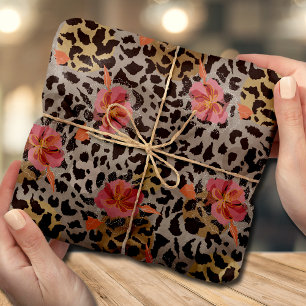 Exotischer Leoparden-Tierdruck und rosa Blumen Seidenpapier