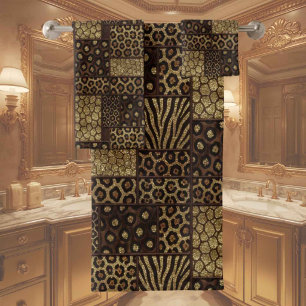 Exotischer Luxus Gold + Braunes Tierprint Badhandtuch Set