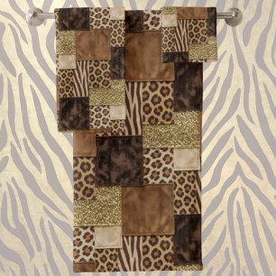 Exotischer Luxus Gold + Braunes Tierprint Badhandtuch Set