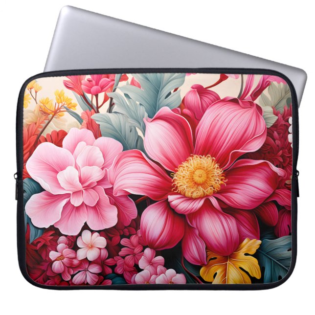 Exotischer rosa tropischer Blumengarten Laptopschutzhülle (Vorderseite)