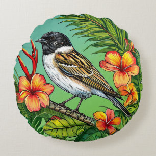 Exotischer tropischer Vogel mit Blumen Paradies Ku Rundes Kissen