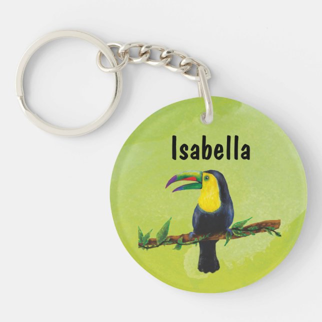 Exotischer Tucan mit Aquarell Hintergrund grün Schlüsselanhänger (Vorderseite)