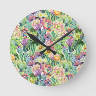 Exotisches blühendes Aquarell-Kaktus-Muster Runde Wanduhr