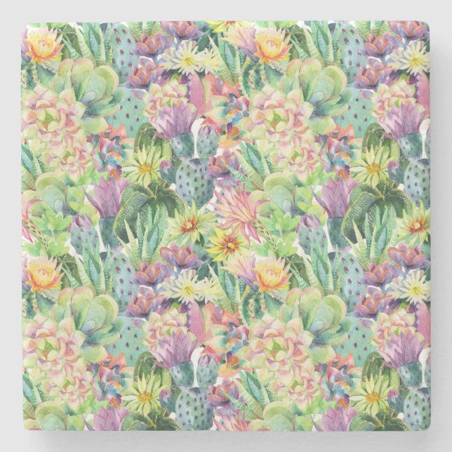 Exotisches blühendes Aquarell-Kaktus-Muster Steinuntersetzer (Vorderseite)