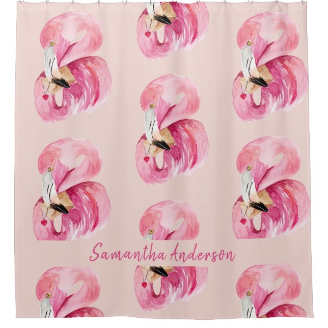Exotisches rosa Flamingo-Muster und Name Duschvorhang (Vorderseite)