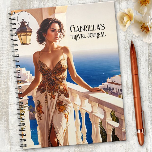 Exotisches Sommer-Reisejournal Notizblock (Notebook featuring an elegant lady on a balcony overlooking the ocean. Great for travel notes.)