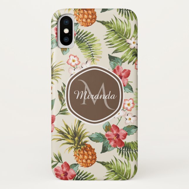 Exotisches tropisches Ananas, florbraune Monogramm Case-Mate iPhone Hülle (Rückseite)