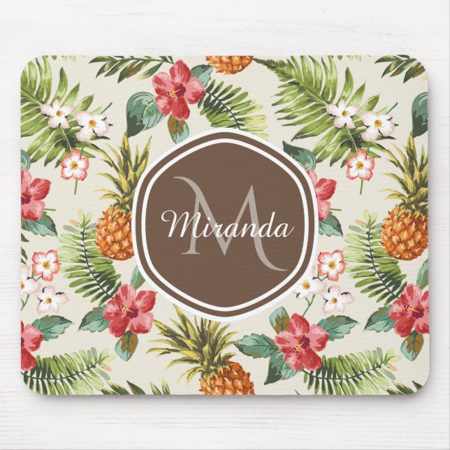 Exotisches tropisches Ananas, florbraune Monogramm Mousepad (Vorne)