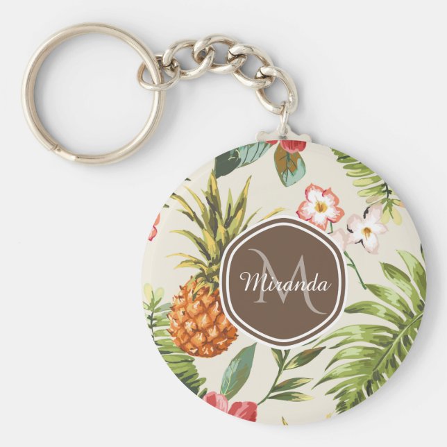 Exotisches tropisches Ananas, florbraune Monogramm Schlüsselanhänger (Vorne)