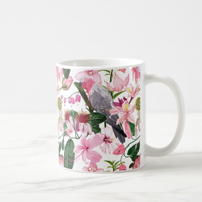 Exotisches tropisches Muster mit Papagei und Blume Kaffeetasse (Rechts)