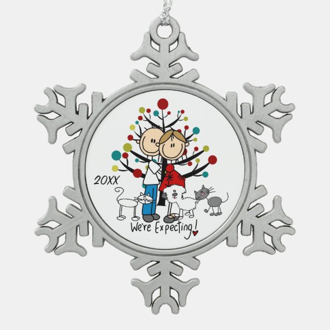 Expectant Couple 2 Cats Hund Schneeflocken Ornamen Zinn-Ornament (Vorderseite)