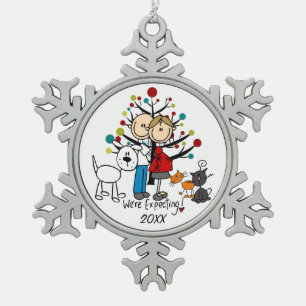 Expectant Couple 2 Cats Hund Schneeflocken Ornamen Zinn-Ornament