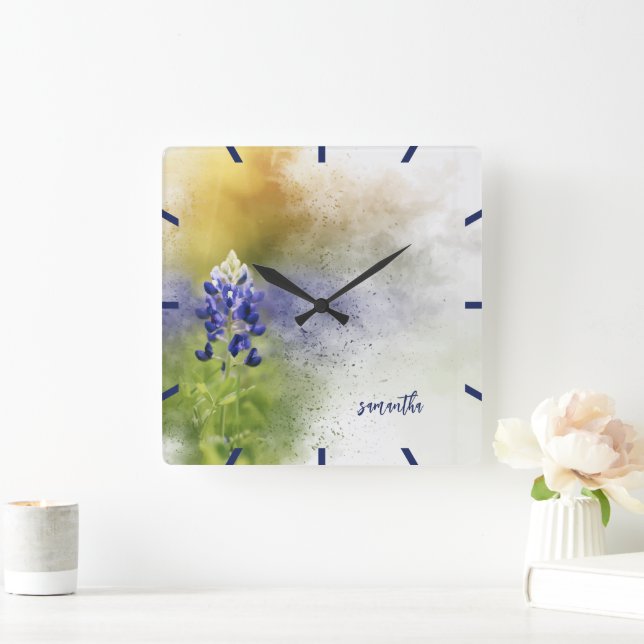 Explodierende Bluebonnet-Blume Quadratische Wanduhr (Zuhause)