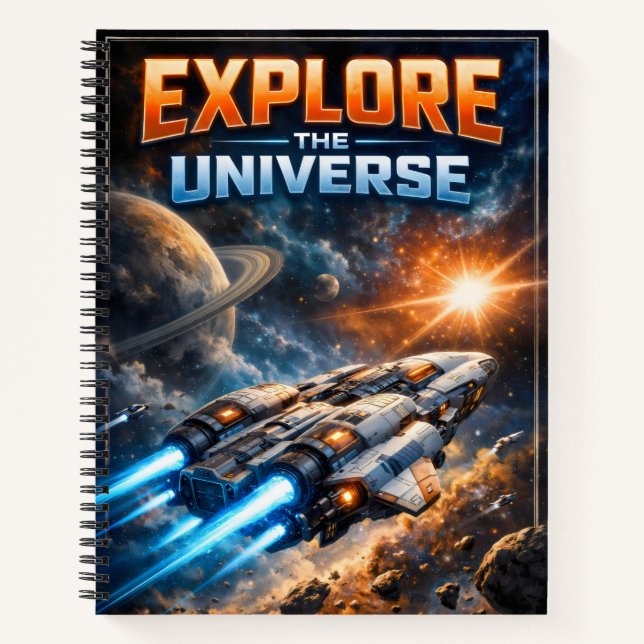 Explore the Universe – Sci-Fi Spaceship Notizbuch (Vorderseite)