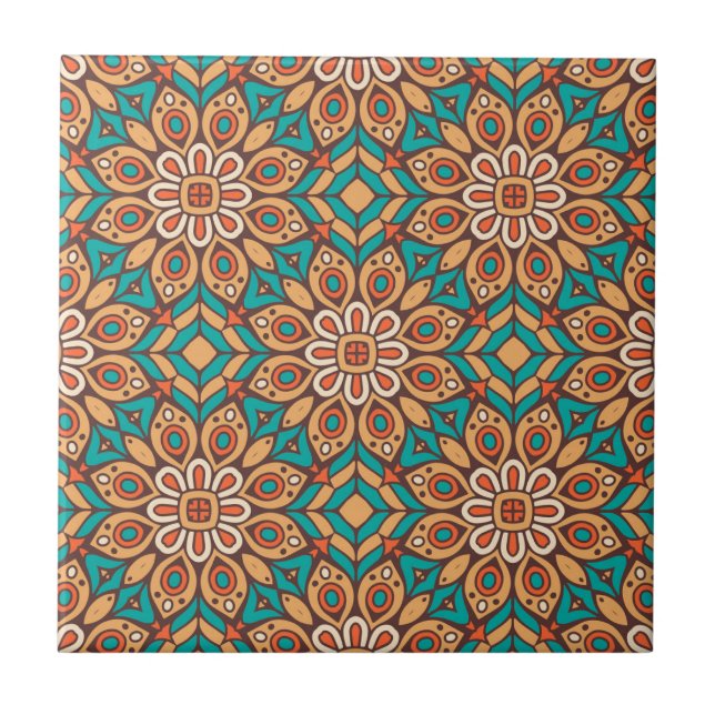 Explore Vibrant Floral Motifs in Geometric Pattern Fliese (Vorderseite)