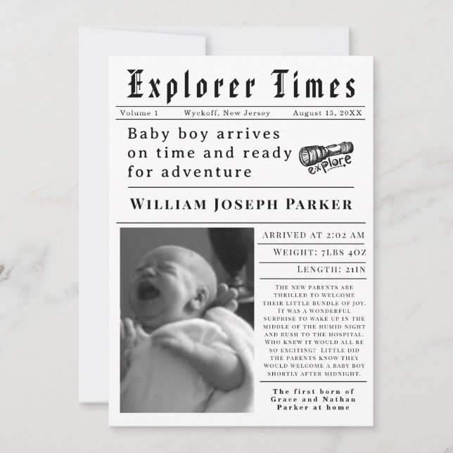 Explorer Times Neugeborenen Geburt Ankündigung (Vorderseite)