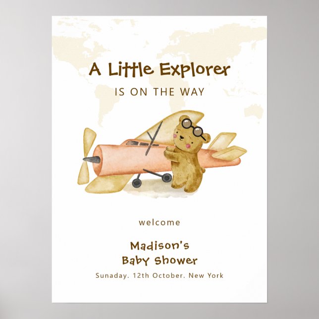 Explorer World Map Airplane Baby Shower Welcome  Poster (Vorne)