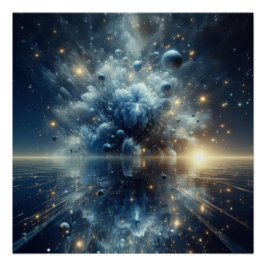 Explosion reinen Wassers auf einem blauen See Poster