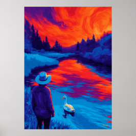 Expressionist River Sunset Contemplation Art Poster
