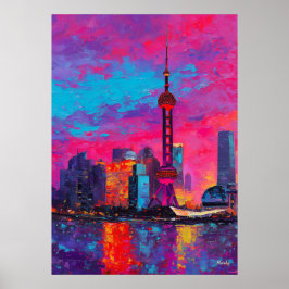Expressionist Shanghai Skyline Colorful Urban City Poster