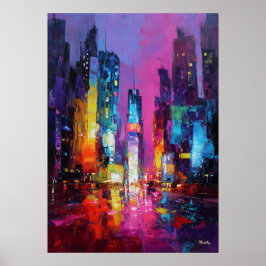 Expressionist Tokyo Skyline Neon Night Cityscape Poster