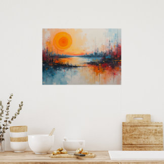 Expressionistische Hafen-Sonnenuntergangs-Stadtans Poster