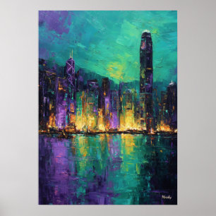 Expressionistische Skyline von Hongkong Neon-H Haf Poster