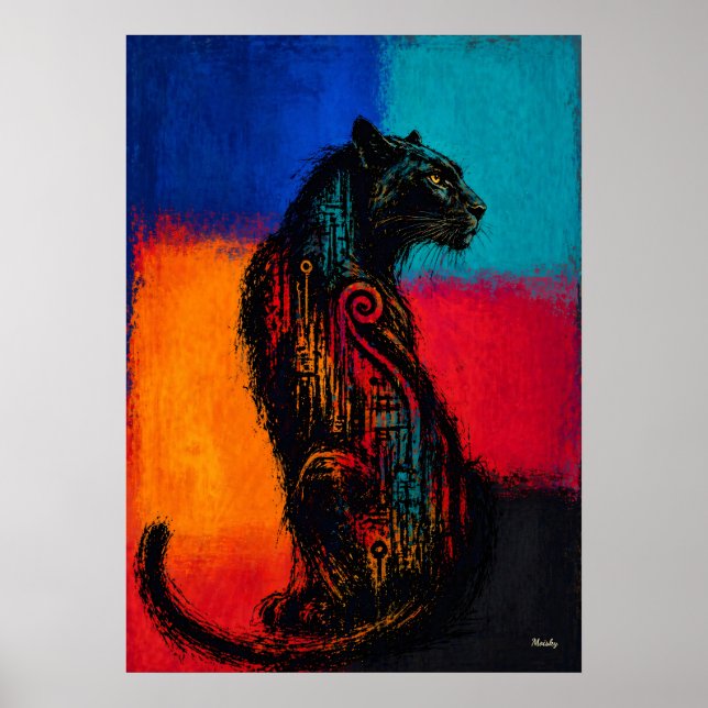 Expressionistischer Schwarzer Panther in Farbfläch Poster (Vorne)