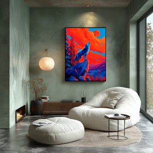 Expressionistischer Wolf unter karmesinrotem Mond Poster
