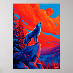 Expressionistischer Wolf unter karmesinrotem Mond  Poster