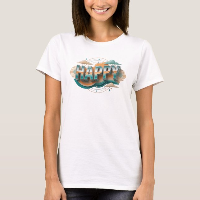 Expressiver HAPPY Mode-Druck T-Shirt (Vorderseite)