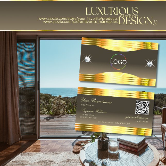 Exquisit Beige Brown Gold Borders Logo QR Code Visitenkarte (Von Creator hochgeladen)