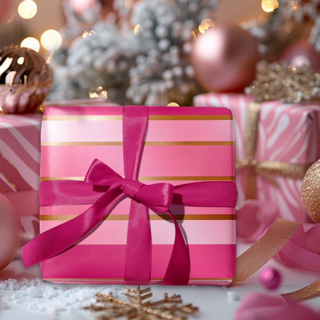 Exquisit Berry Pink und Gold gestreift Geschenkpapier (Beautiful Berry Pink and Gold Christmas Gift Wrap)