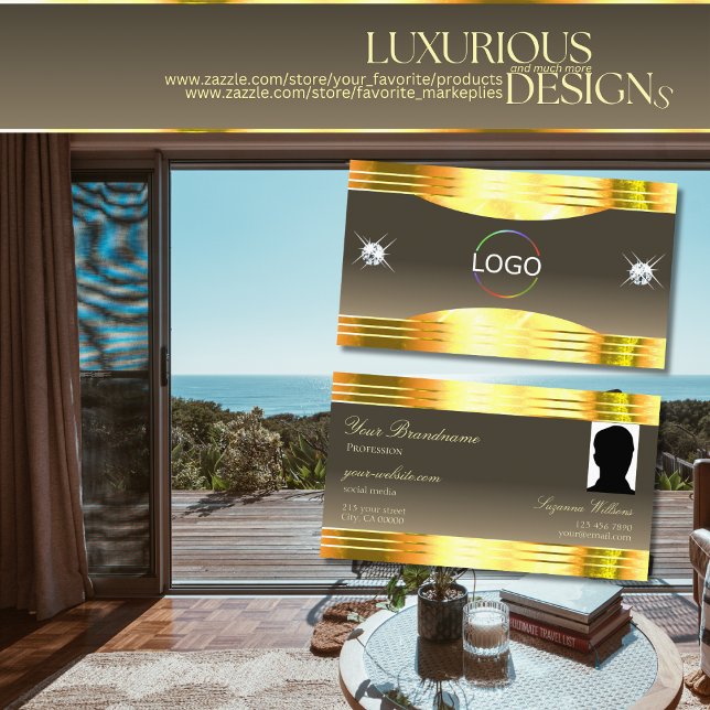 Exquisite beige-braune Goldgrenzenlogos und Foto Visitenkarte (Von Creator hochgeladen)